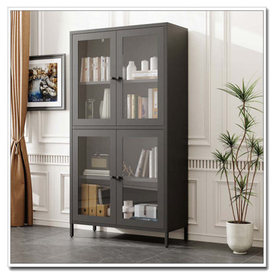 Vitrine de rangement en métal classique avec 4 portes en verre et tablettes réglables
