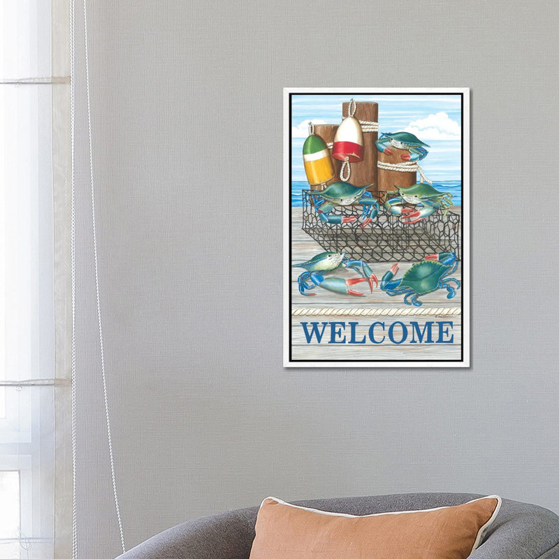 Crab Welcome by Deb Strain - Gallery-Wrapped Canvas Giclée on Canvas, 66.04 cm H x 45.72 cm W, White Framed