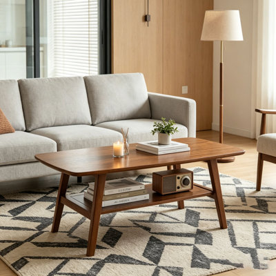 Modern Coffee Table with Storage Shelf, 2-Tier Coffee Table with Rounded Corners