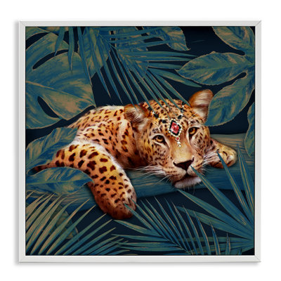 Tropical Leopard Glitz Gem Safari Cat Jungle Plants - Floater Frame Graphic Art on Wood