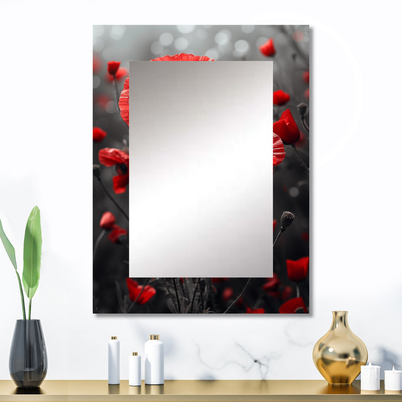 Red Black Poppies Monochrome Charm II - Poppies Large Wall Mirror, Traditional Unique Mirror, Printed Metal Art, 32" x 24"