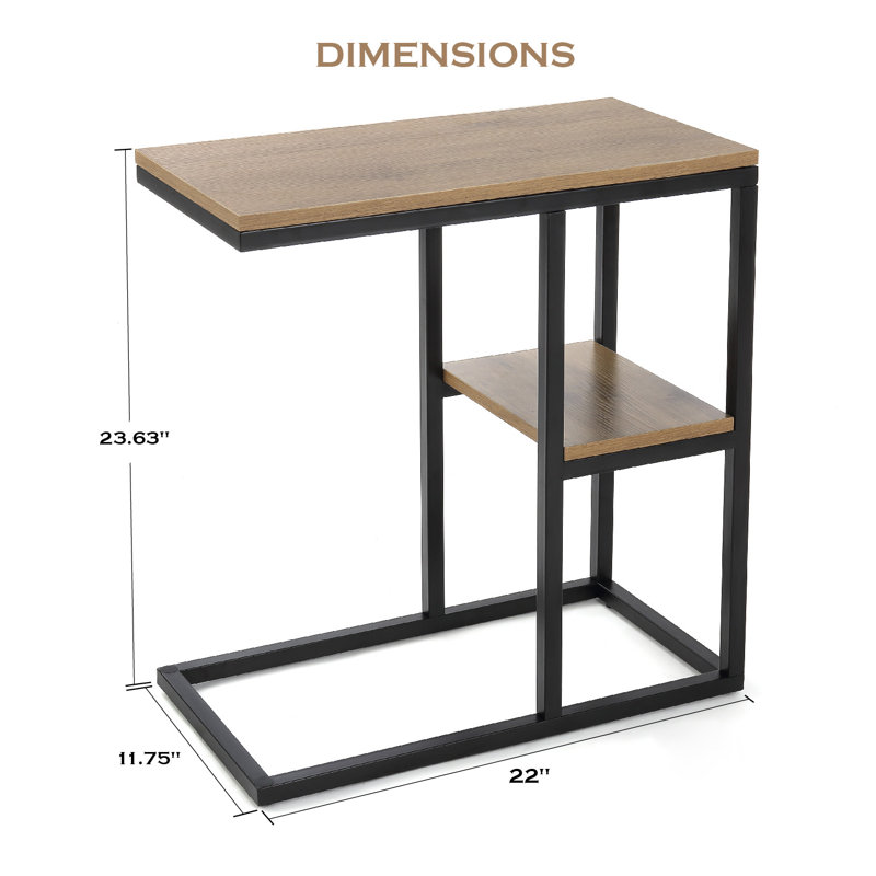 Table de bout en forme de C 17 étages avec tablette de rangement, ton en bois de chêne et structure en métal noir