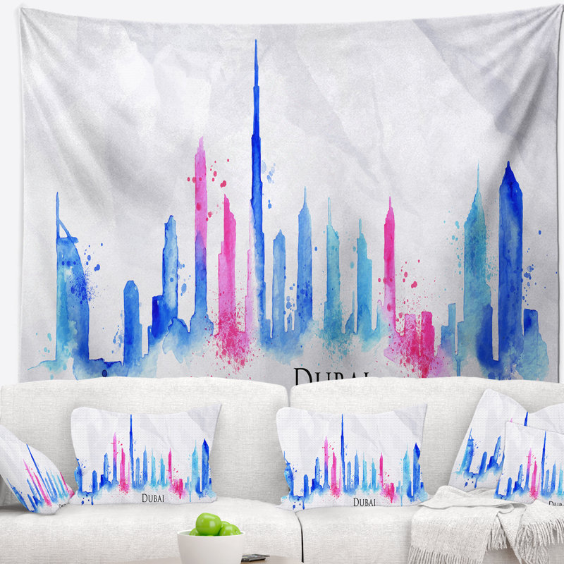 Tapisserie dubai silhouette colorée de paysage urbain, H 32 po x l 39 po