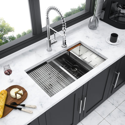 Évier de cuisine en nickel brossé à double cuve encastrable 36 po x 19 po 10 po, calibre 16 T304, évier de cuisine et grille pour vaisselle 50/50