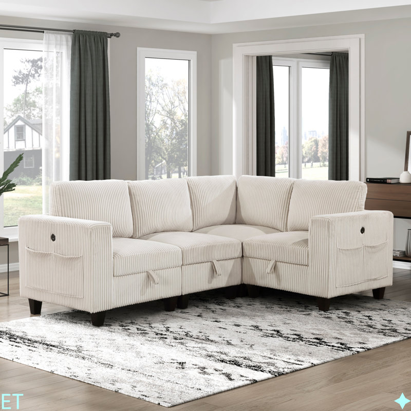 Chaise sans accoudoirs modulaire en tissu de velours côtelé 1 pièce Modern Living, Beige