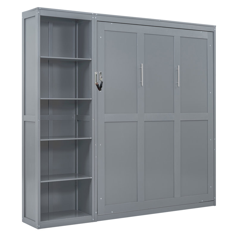 Grand lit escamotable mural avec tablettes, gris, gris