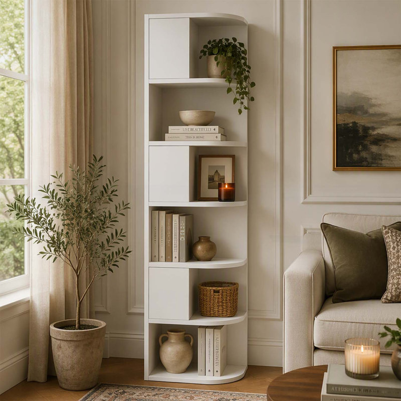 Bibliothèque d'angle moderne à 6 niveaux avec chicane, solution de rangement compacte et élégante pour toute pièce, Blanc