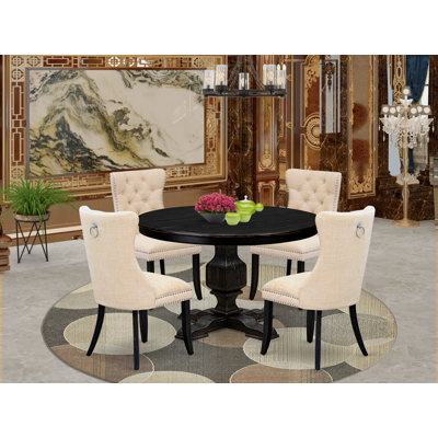 5-piece Dining Set consists of a wood table and 4 Light Beige Polyester Fabric dinner chair with Button Tufted Back - Sand Blasted Black
