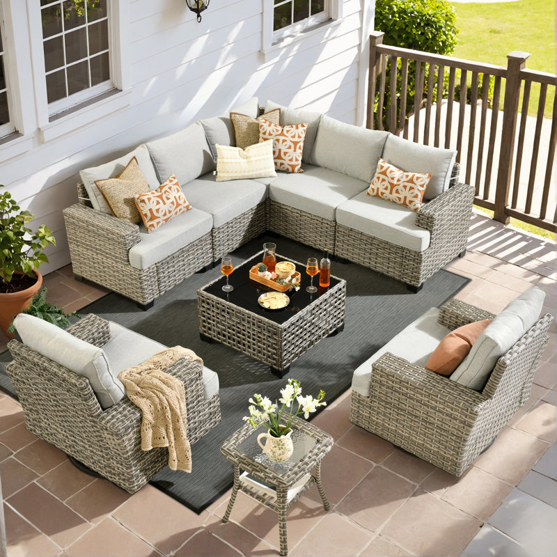 Ensemble de conversation d'extérieur en rotin pour 7 personnes avec chaises berçantes pivotantes, Gris clair