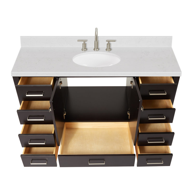 Cambridge 54.25'' Single Bathroom Vanity with Carrara Quartz Top, Espresso/Brushed Nickel