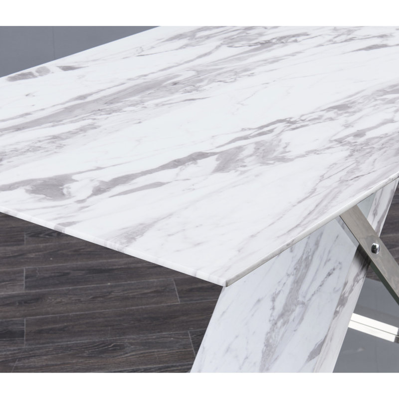 Table de salle à manger élégante avec surface en faux marbre et base en acier inoxydable, style croix, 6 pièces, assemblage requis