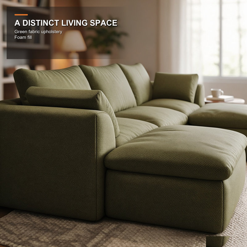 Canapé 3 places en lin vert avec 2 poufs, ensemble de canapés modulaires rembourrés