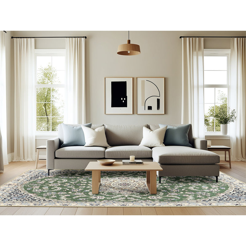Tapis traditionnel vert / gris Jupiter, Rectangle 6 pi x 9 pi