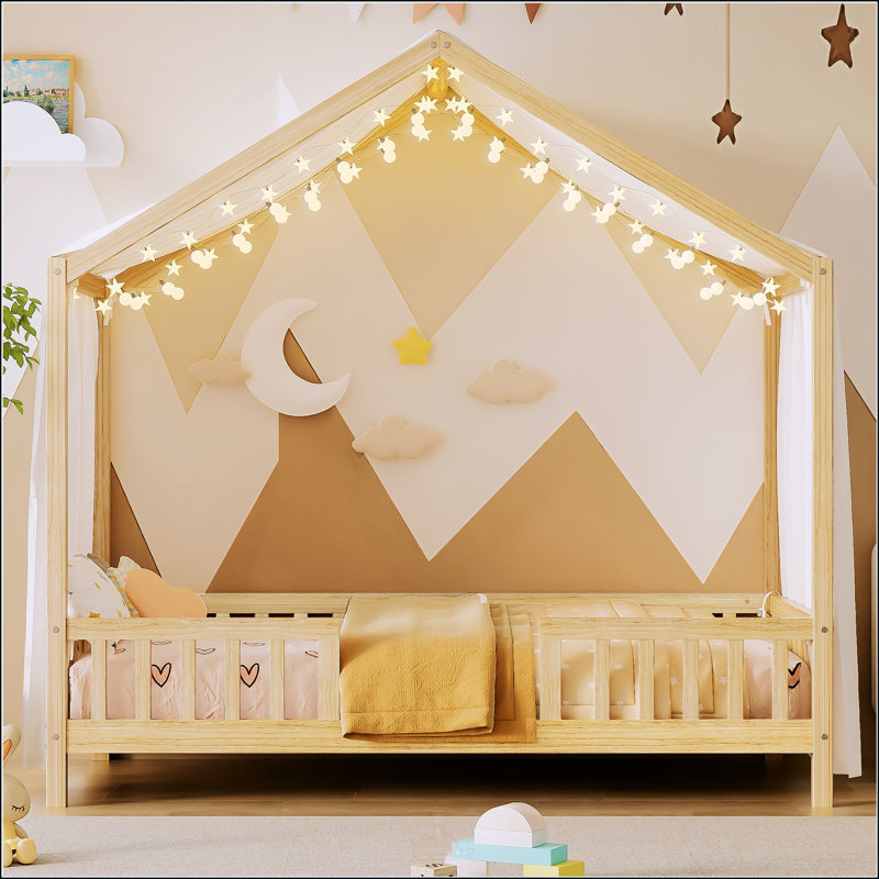 Lit de sol avec auvent Montessori, Naturel, Lit simple