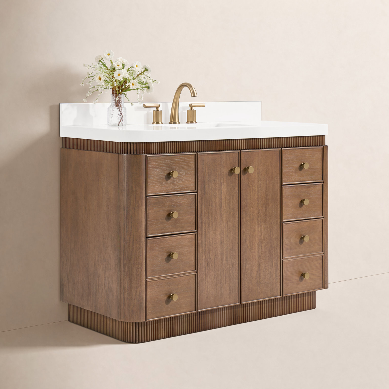 Aston Bath Vanity Set with Alpine White Quartz Top, Chestnut Oak, 48 inch