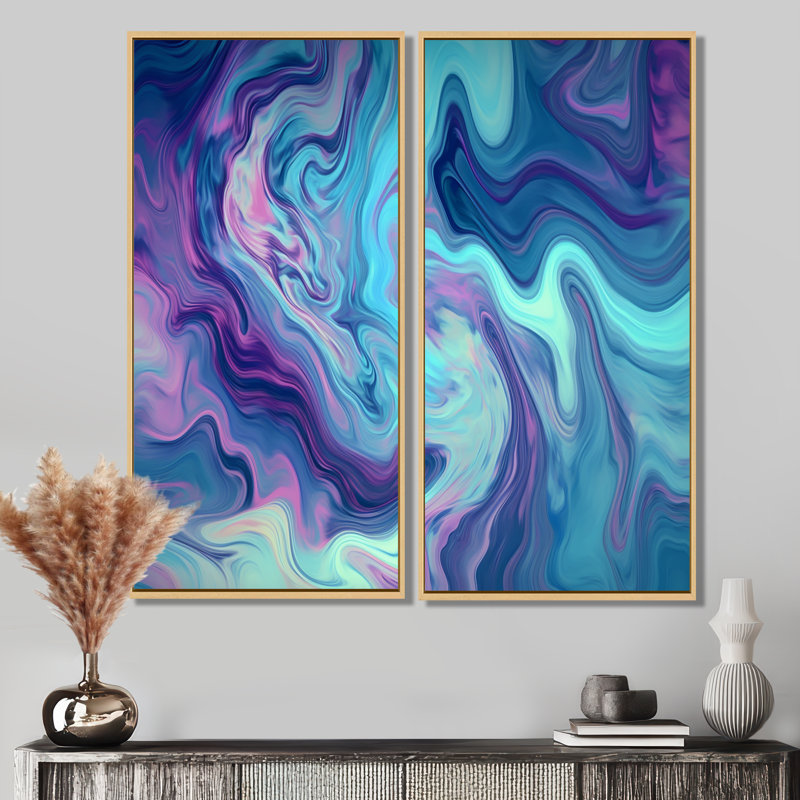 Turquoise mauve marbré fusion I - impressions sur toile abstraites, H 20 po x l 24 po, Crème, crème