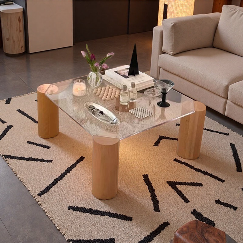 Table basse Mid-Century en bois et acrylique, Clair, H 16,1 po x L 27,6 po x l 27,6 po
