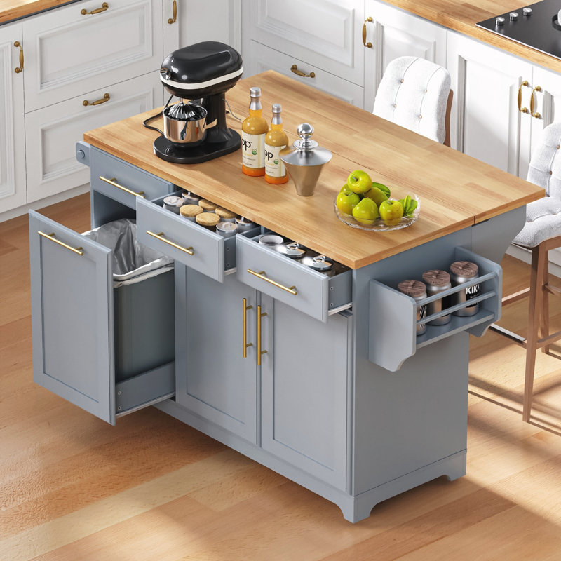 59.3" Kitchen Island with 2 Pull Out Cabinet Organizers & Rubber Wood Drop Leaf, Rolling Kitchen Island with Trash Can Storage, Power Outlet, Spice & Towel Rack for Kitchen, Dining, Grey Blue