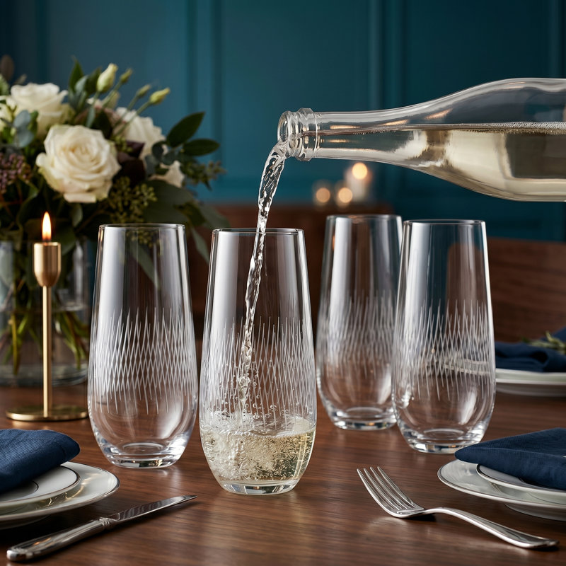 4-Piece Stemless Etched Champagne Drinking Wine Glasses