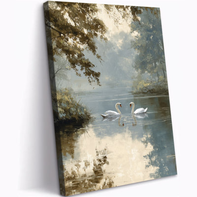 Swan Serenity Wall Art, Tranquil Water Lily Pond Picture, Classic Swans Canvas Painting, Vintage Farmhouse Wall Decor for Bedroom, Nursery Bathroom, Artistic Animal Pictures Print, 36x48 inches