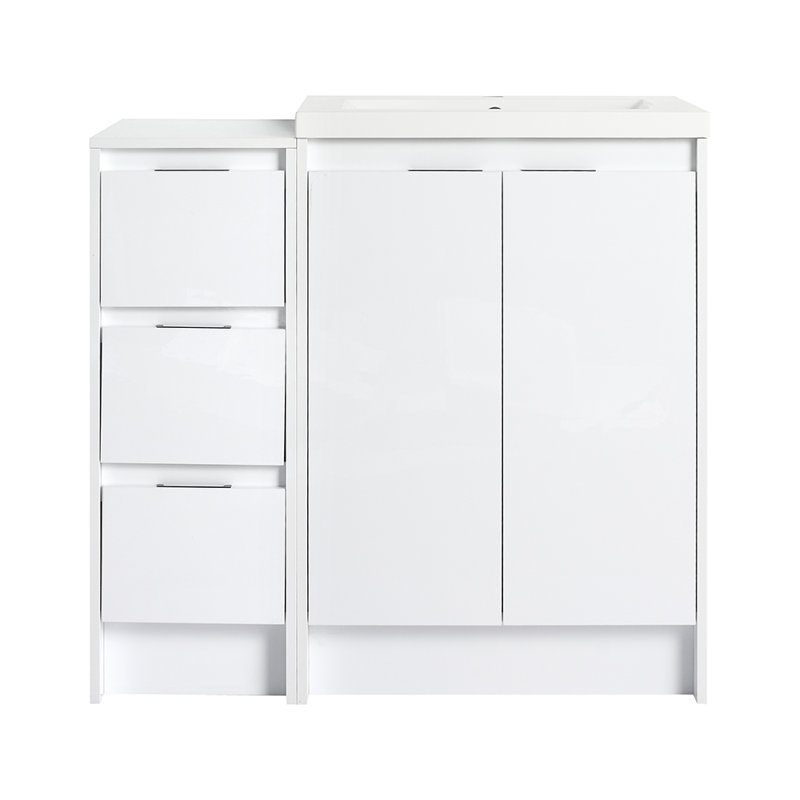 Meuble-lavabo autoportant moderne avec lavabo en résine et 1 armoire de rangement latérale