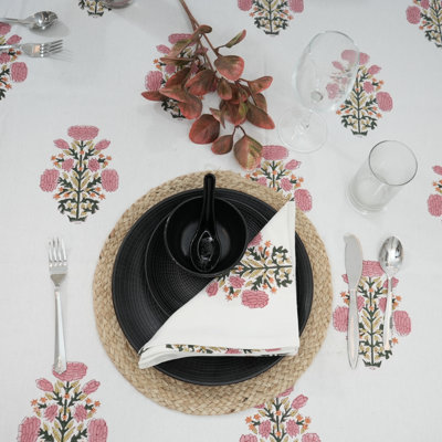 Fabdivine 18X18 inch Handmade Block Print Pink Floral Cotton Table Napkins, Swadesh {Set of 14}