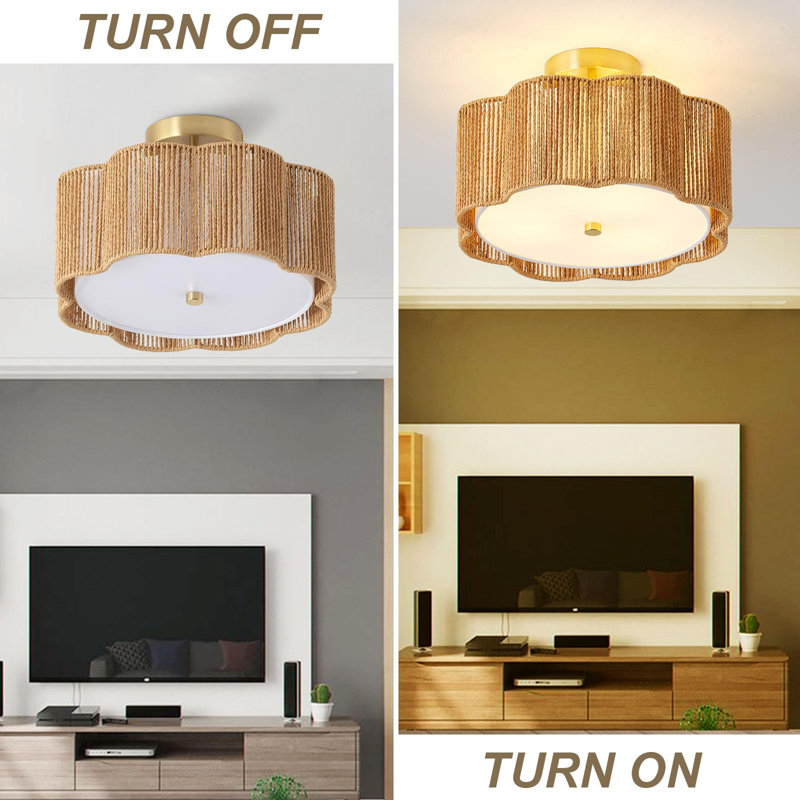 Natural Rattan Flower-Shaped Flush Mount Ceiling Light