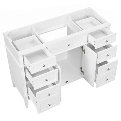 Armoire de meuble-lavabo 48 po seulement, base de meuble-lavabo autoportant en MDF avec 6 tiroirs et 2 portes, armoire de rangement avec charnières à fermeture douce et poignées en métal, structure et pieds en bois massif