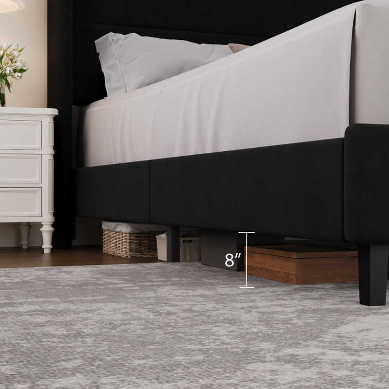 King Size Bed Frame with Wingback Headboard, Velvet Upholstered Platform Bed Frame with Sturdy Wooden Slats Support, No Box Spring Needed, Easy Assembly, Black