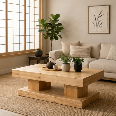47.24" Solid Wood Coffee Table, Natural Wood Rectangular Cocktail Table with Pedestal Base, Japandi Style Center Table for Living Room