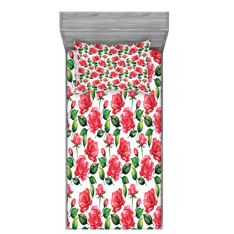 Ambesonne Fitted Sheet & Sham Set, Twin XL Sheet Set with 1 Pillowcase, Red/Green/White Floral 3