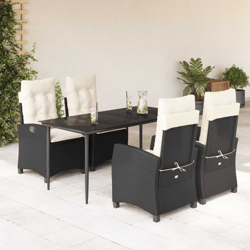 Latitude Run® 5 Piece Patio Dining Set With Cushions Poly Rattan, Black, Beige, 4