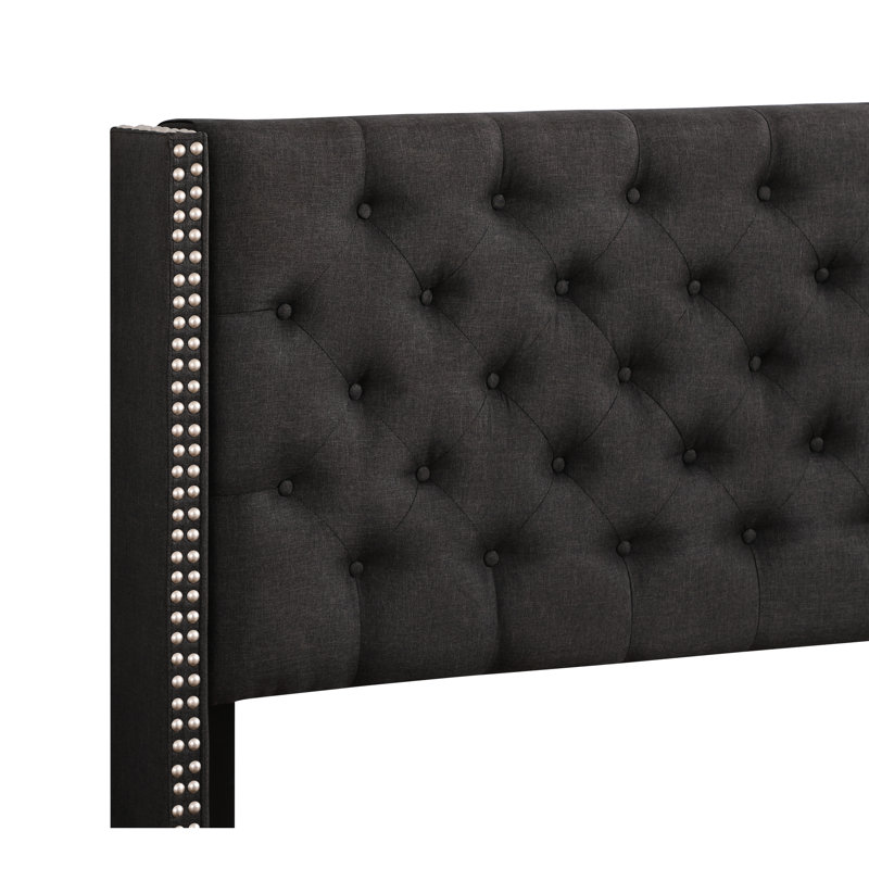 Stylish Transitional Queen Bed - 50" Height X 66" Width, Black, Foam Filled, Frame, Headboard Support, Assembly Required With Extra Support 50"h 66"w, Black Fabric, Filler, Headboard,