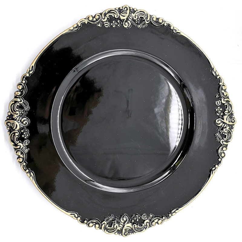 13 Inch Floral Black Gold Trim Charger Plates 6 Pack, Heavy Duty Round Table Chargers