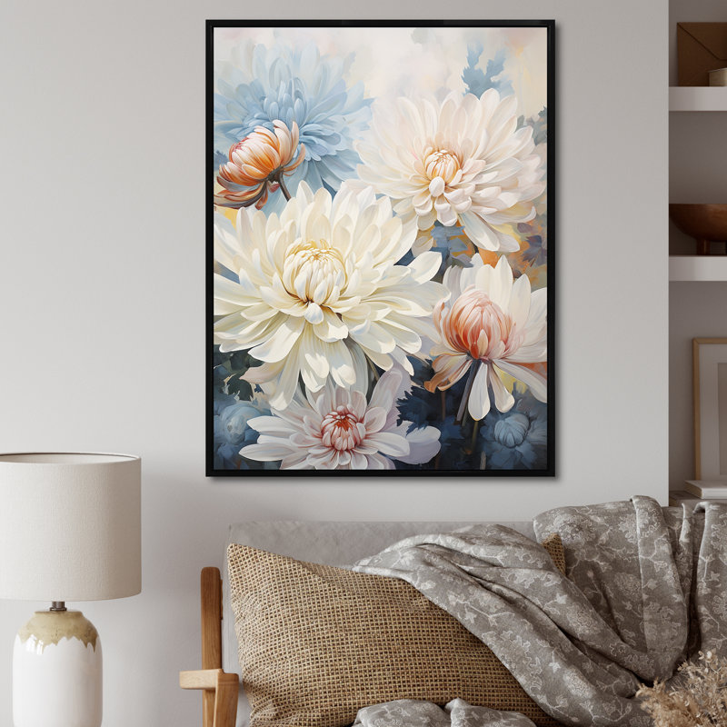 «White Mums In Blue Dream» sur toile, Cadre flottant noir, H 20 po x l 12 po x P 1 po