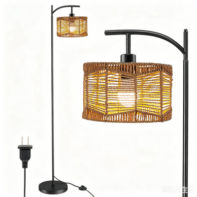 59.84" Boho Arc Floor Lamp, Black Metal Standing Lamp with Handwoven Rattan Shade, Inline Foot Switch, E26 Base, Max 40W, Bulb Not Included, for Living Room Bedroom Reading