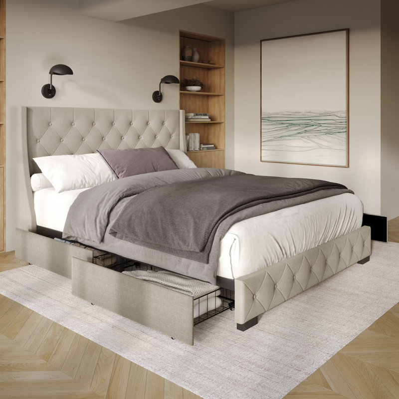Tasir Upholstered Wingback Storage Bed, Queen, Warm Gray