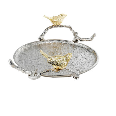 Vada Decorative Tray, Aluminum Disc, Silver Branch Handles w Birds, 14 Inch