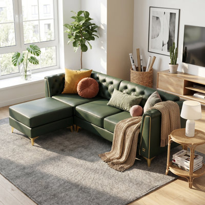 81.5" Light Luxury L-Shaped Chesterfield Sectional Sofa with Ottoman, 3-Seater Faux Leather Couch with Button Tufting, Metal-Trim Armrests & Tapered Legs, Includes 3 Pillows