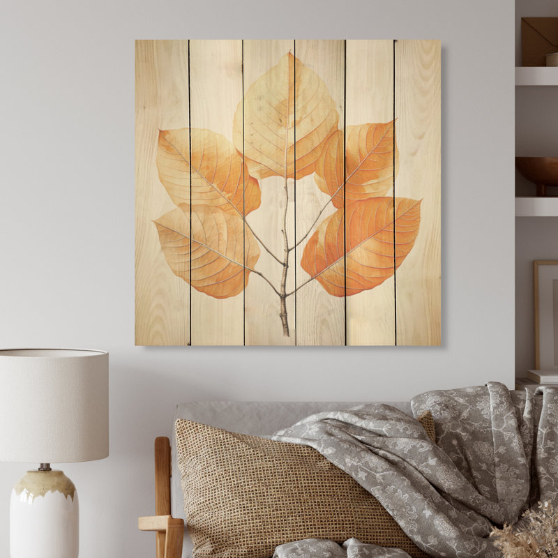 Feuillage orange translucide - feuilles, art mural sur bois de pin naturel, H 15 po x l 15 po