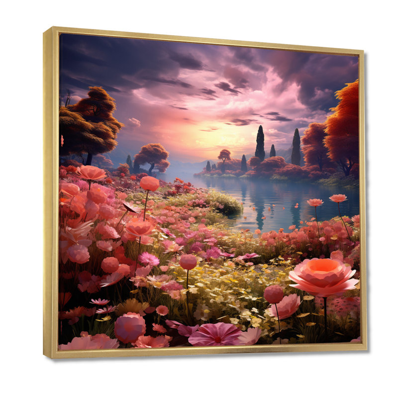 Fleur rose, rivière dans la forêt II - Fleurs, art mural, Toile avec cadre flottant or, H 16 po x l 16 po x P 1 po