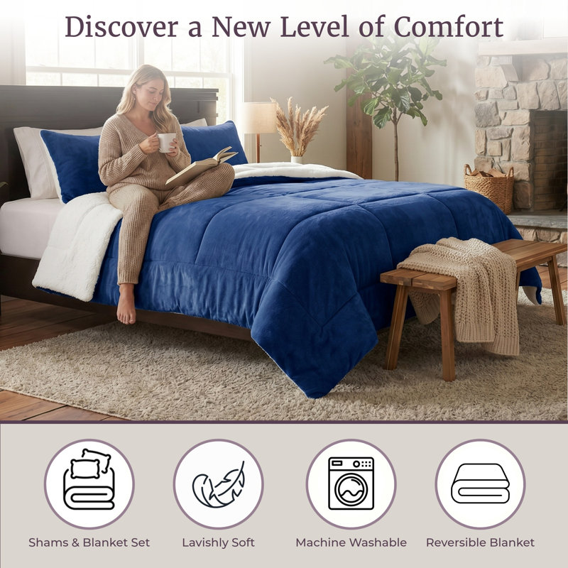 Sherpa Bedding Set - Fleece Bedspread with Pillow Shams Comforter Set - Warm, Cozy Bedding, Navy