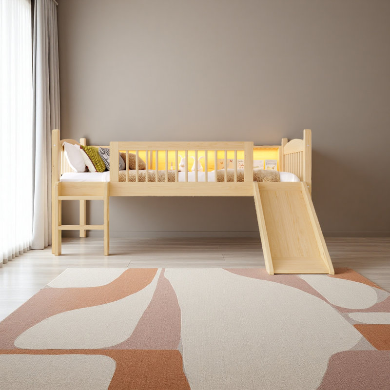 Lit mezzanine avec tablettes de rangement, lit mezzanine inférieur en bois massif avec lumières DEL et garde-corps pleine longueur, aucun sommier nécessaire