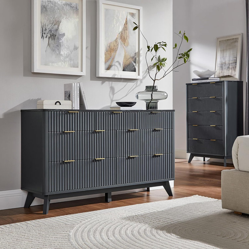 Commode à 7 tiroirs avec design cannelé, Gris foncé