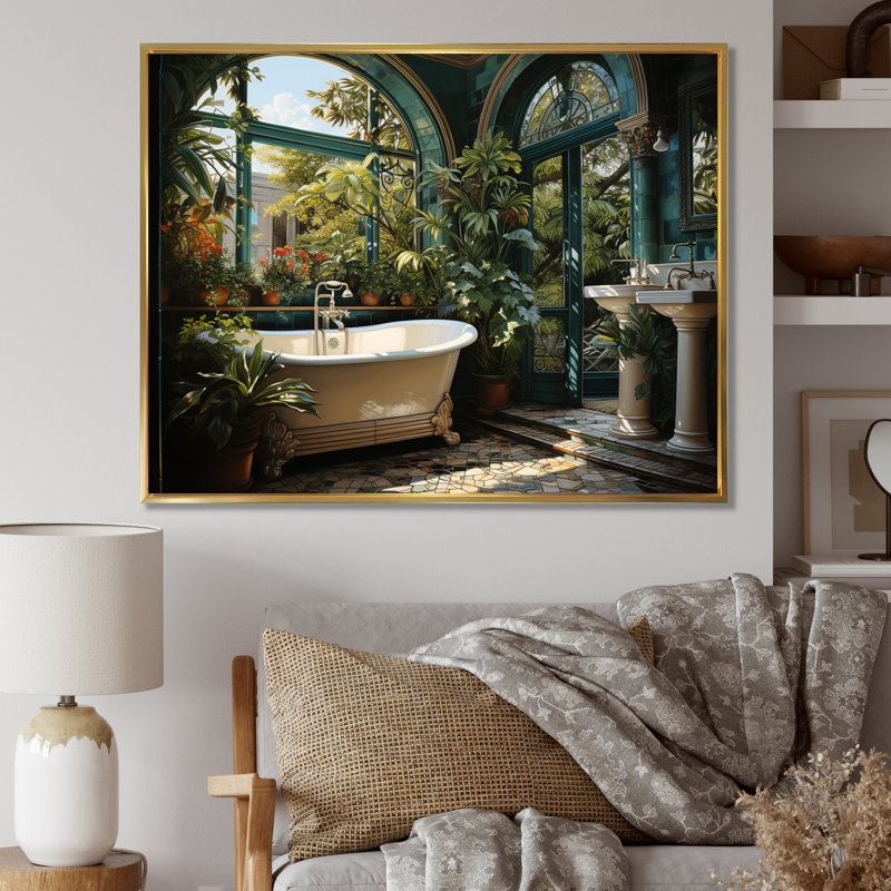«Bathroom Botanical Retreat III» - reproduction, H 34 po x l 44 po x P 1,5 po, Cadre flottant doré