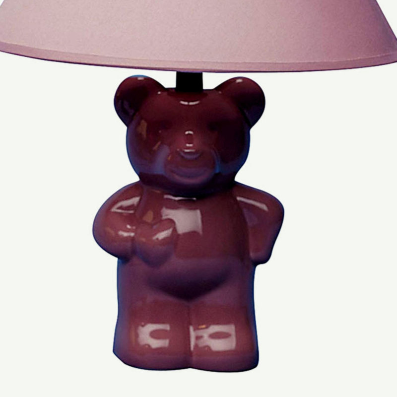 13" Tall Ceramic Table Lamp, Teddy Bear Design With Pink Finish, Linen Shade
