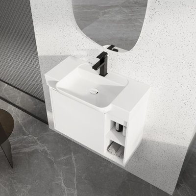 Meuble-lavabo mural 28 po avec lavabo en céramique blanche et porte à fermeture en douceur, emballage KD, blanc brillant