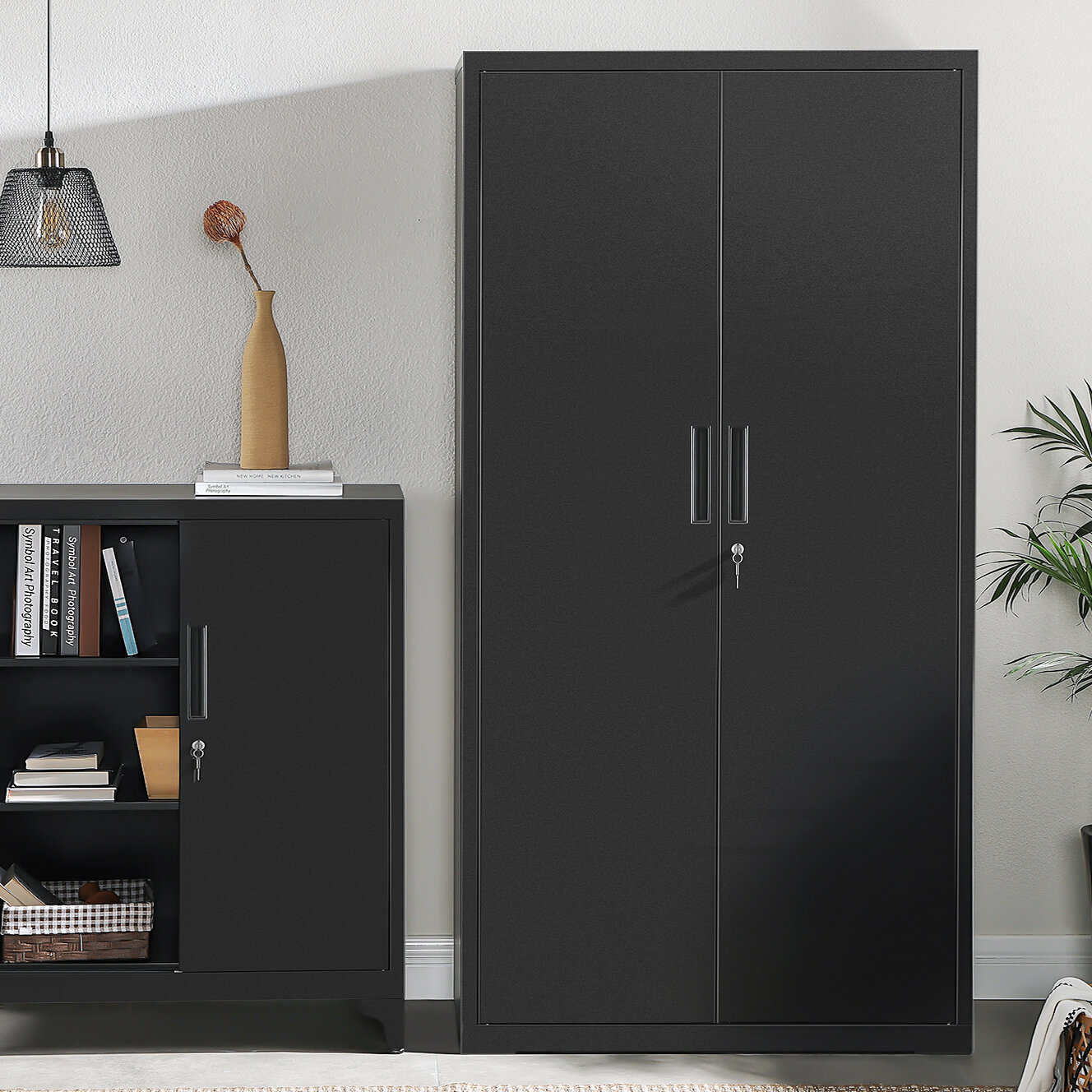 Metal Storage Cabinet with Lock, Free Standing Office Cabinet with Doors and Shelves, Lockable Steel Locker Storage Cabinet Black Side Cabinets Latitu