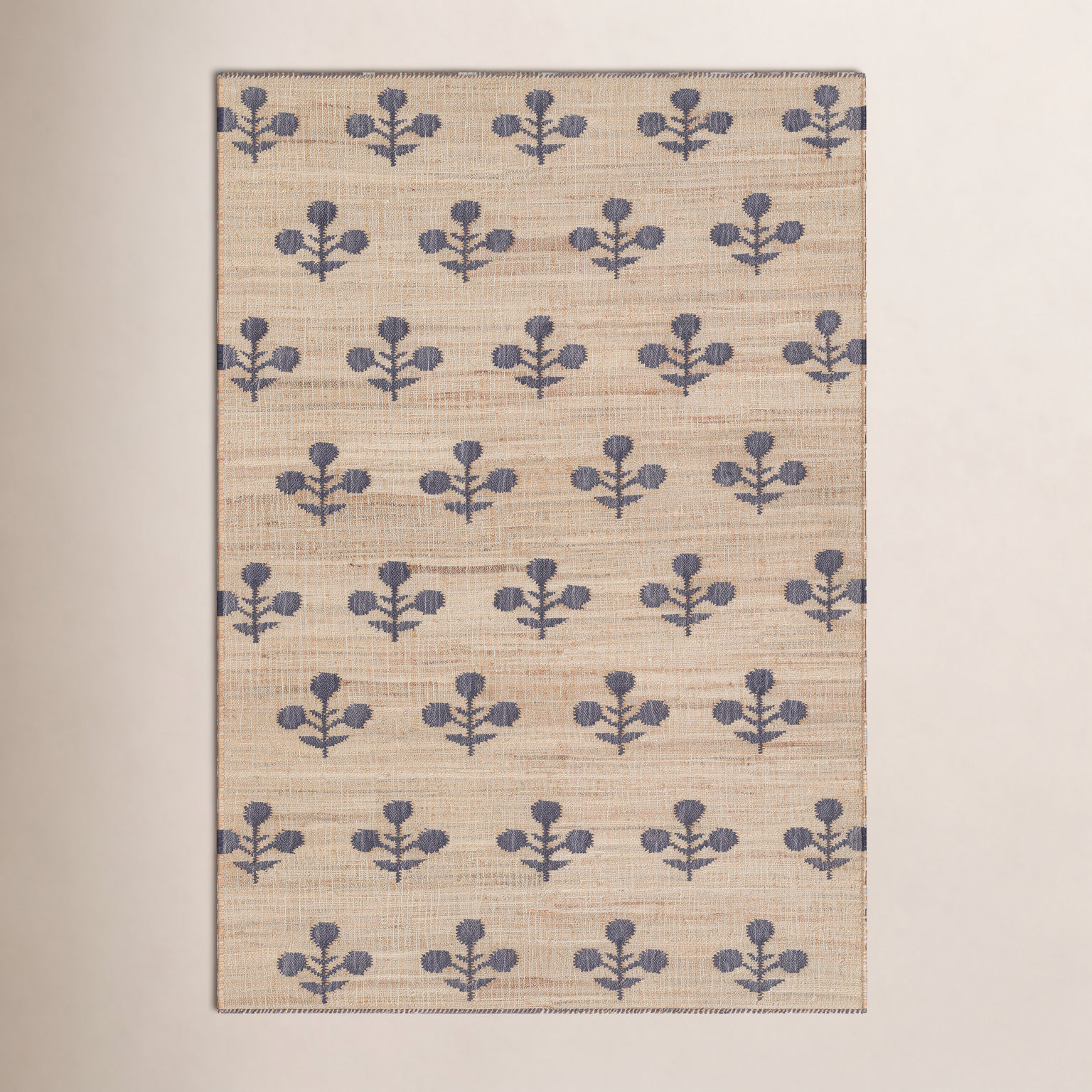 Orchard Blue Hand-Woven Block Print Jute Rug, Rectangle 2' x 3'