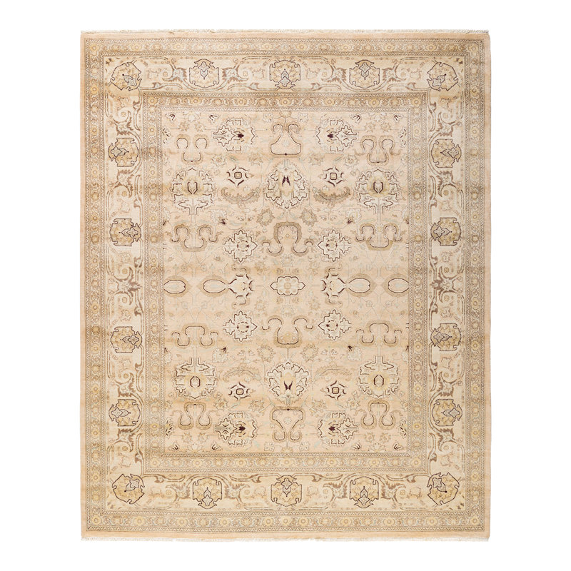 Tapis ivoire noué à la main de conception unique 8 pi 2 po x 9 pi 10 po Royzell